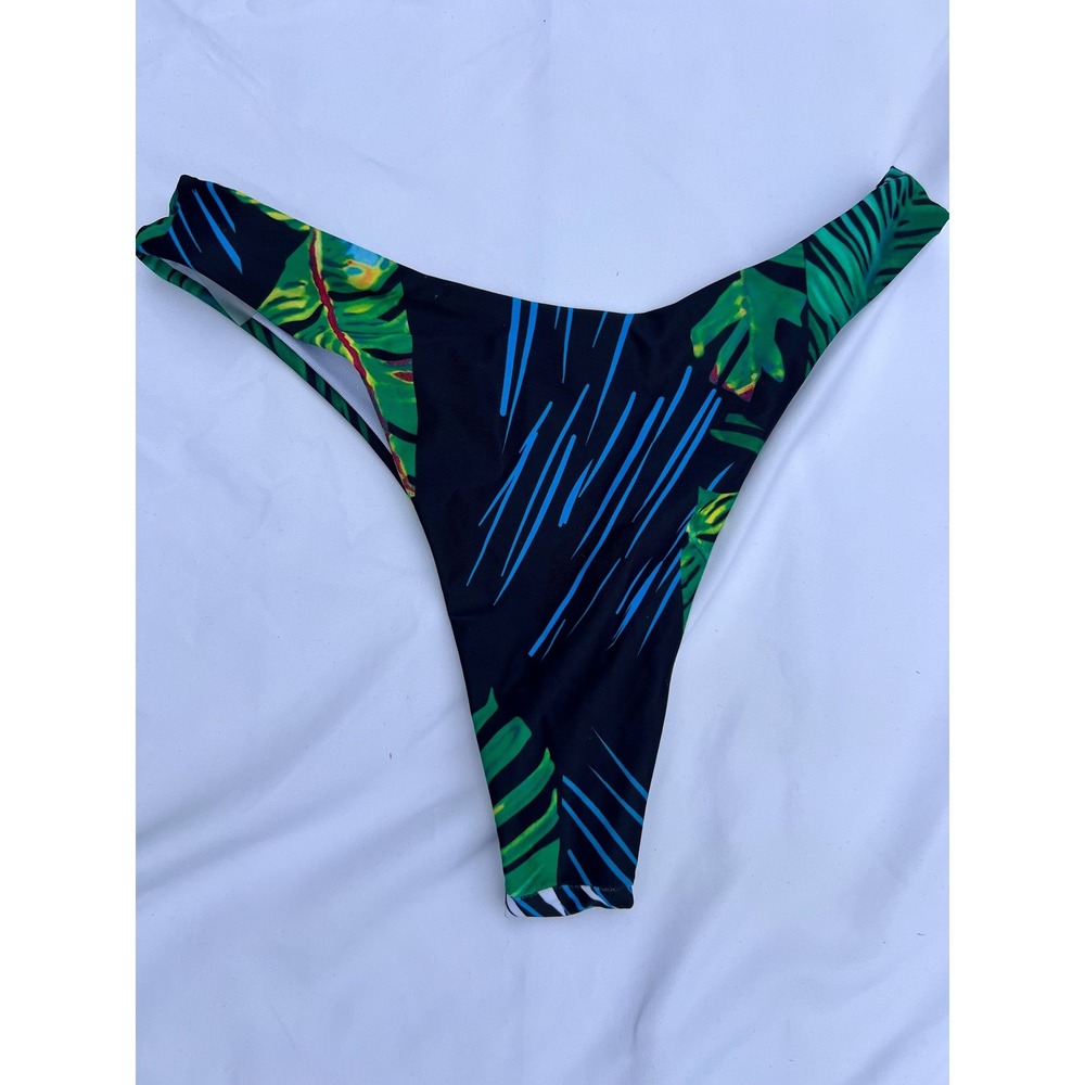 Tropical Palm Print 3 Piece Bikini Set with Mesh Maxi Skirt Cover Up Green M - Picture 5 of 10